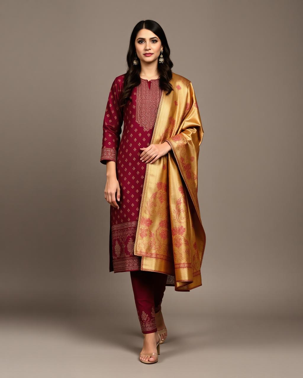 Maroon Festive Chikankari Kurta Set